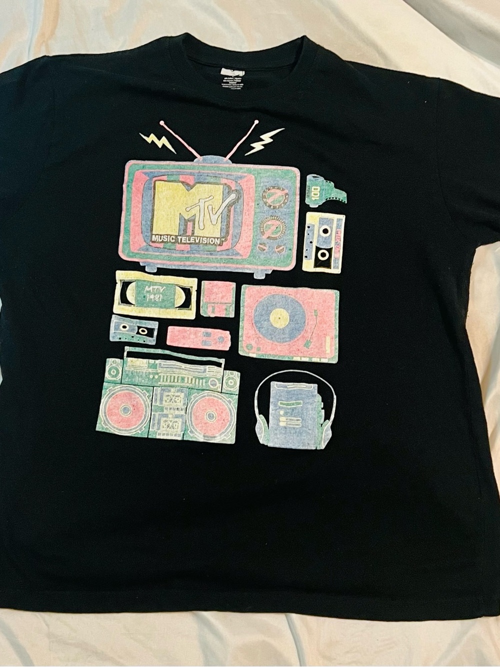 MTV Black T‑Shirt with Pastel Retro Electronics Graphic L